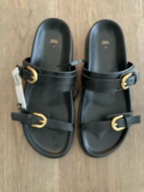 NWT Zara Black Slide Sandals with Gold Buckles - Women's 39